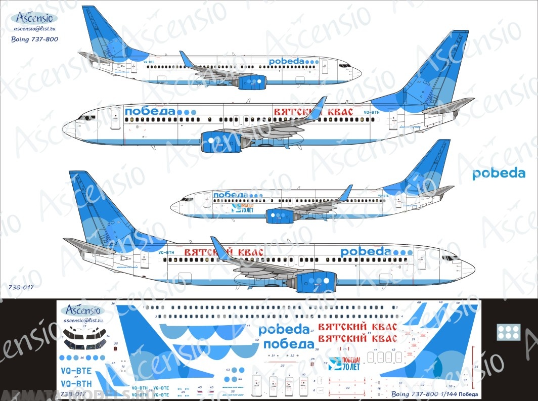 738-017 Декаль для самолета Boeing 737-800 Победа 1/144