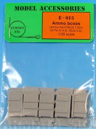 E-015 Дополнения для моделей Wooden ammo boxes for 7,5 cm Kw.K./Stu.G. 7,5 cm (PzKpfw IV A-F1 and StuG III) Set contains following elements in 1/35 scale: 10 resin parts.